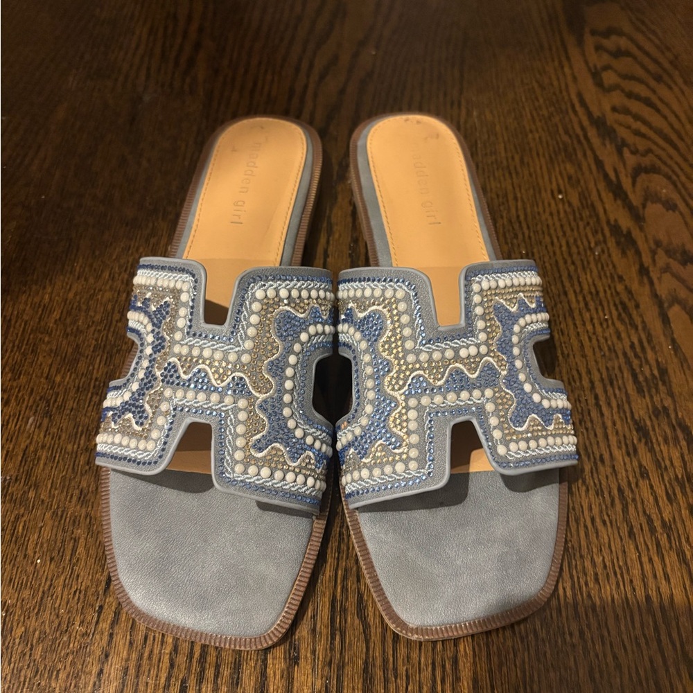 Steve Madden Blue Embroidered Slide Sandals